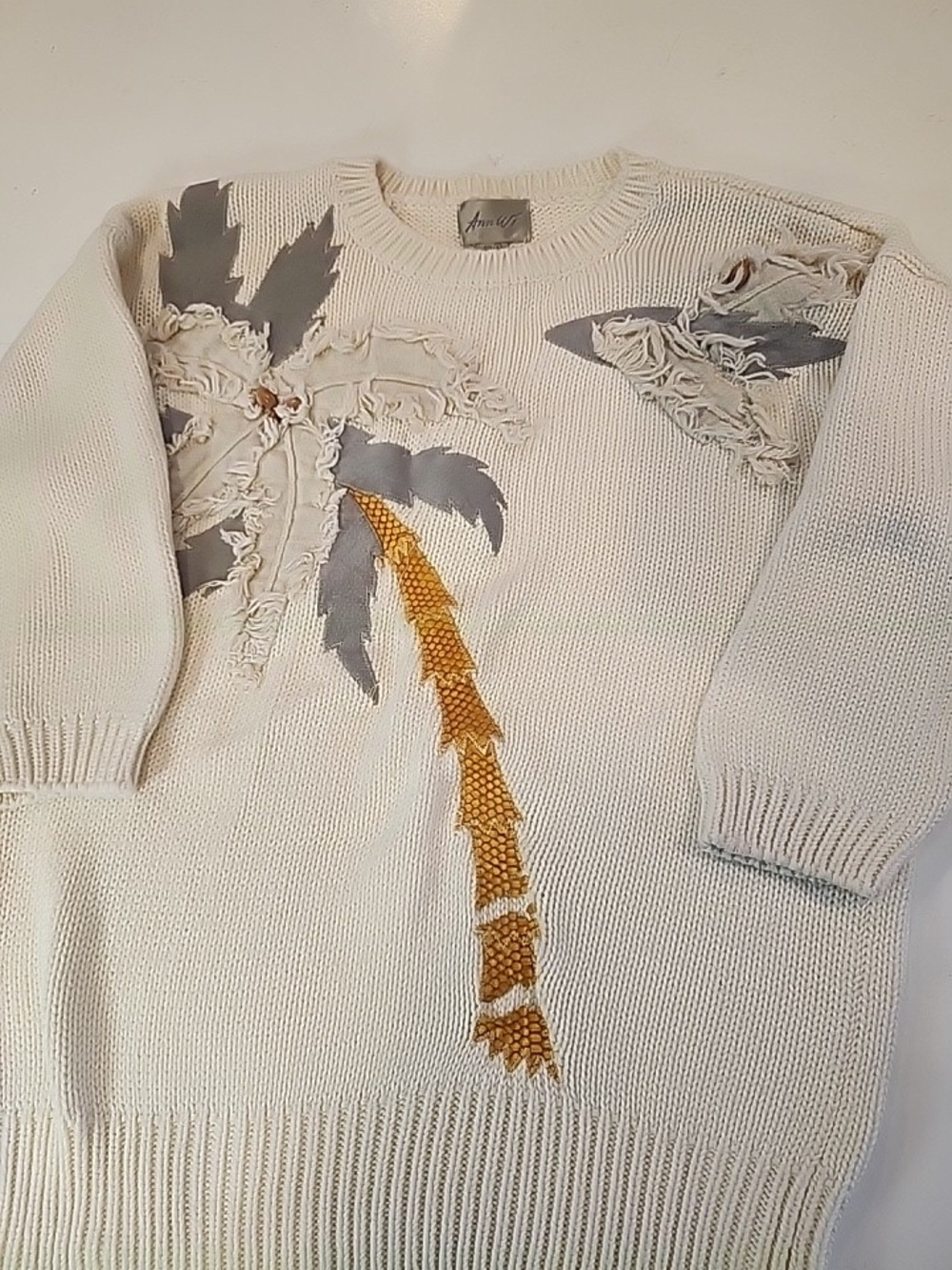 Vintage Ann Wi Knit Tropical Palm Tree Sweater w/ Leather & Bead Detail  Size S